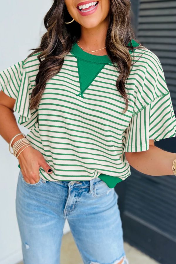 Bright Green Contrast Detail Striped Ruffle Short Sleeve Top - Image 2