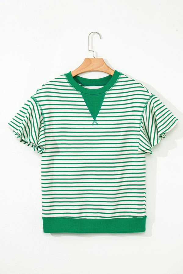 Bright Green Contrast Detail Striped Ruffle Short Sleeve Top - Image 9