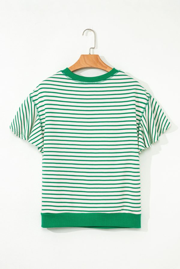 Bright Green Contrast Detail Striped Ruffle Short Sleeve Top - Image 8