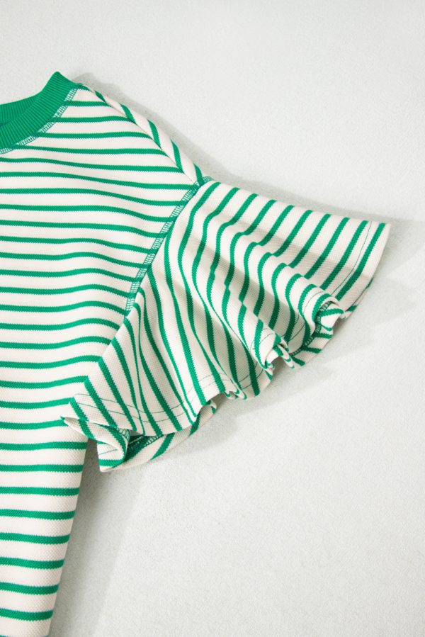 Bright Green Contrast Detail Striped Ruffle Short Sleeve Top - Image 4