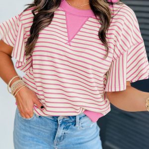 Pink Contrast Detail Striped Ruffle Short Sleeve Top