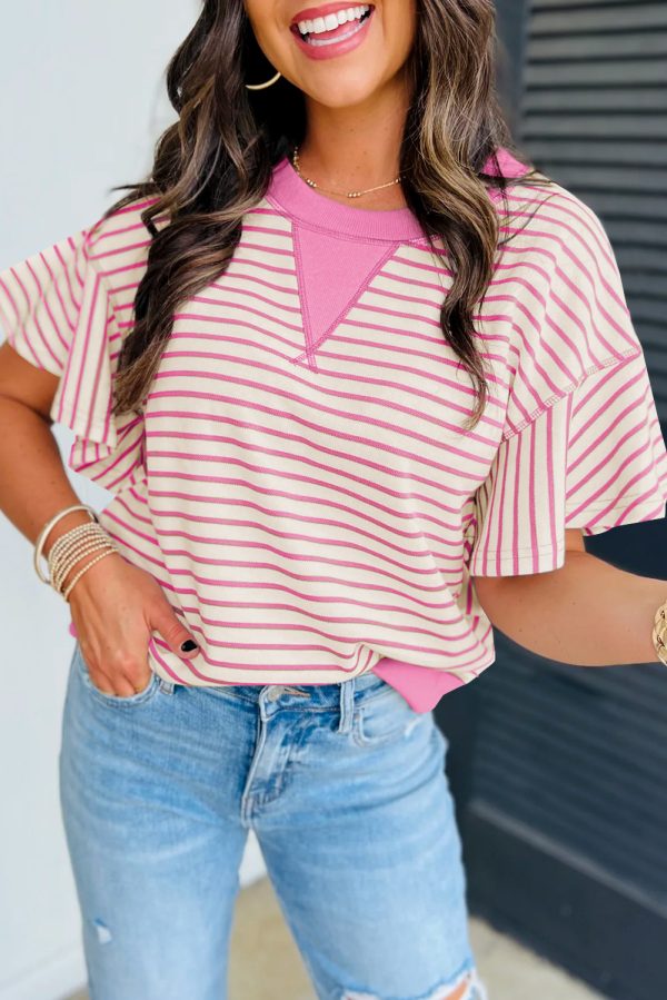 Pink Contrast Detail Striped Ruffle Short Sleeve Top