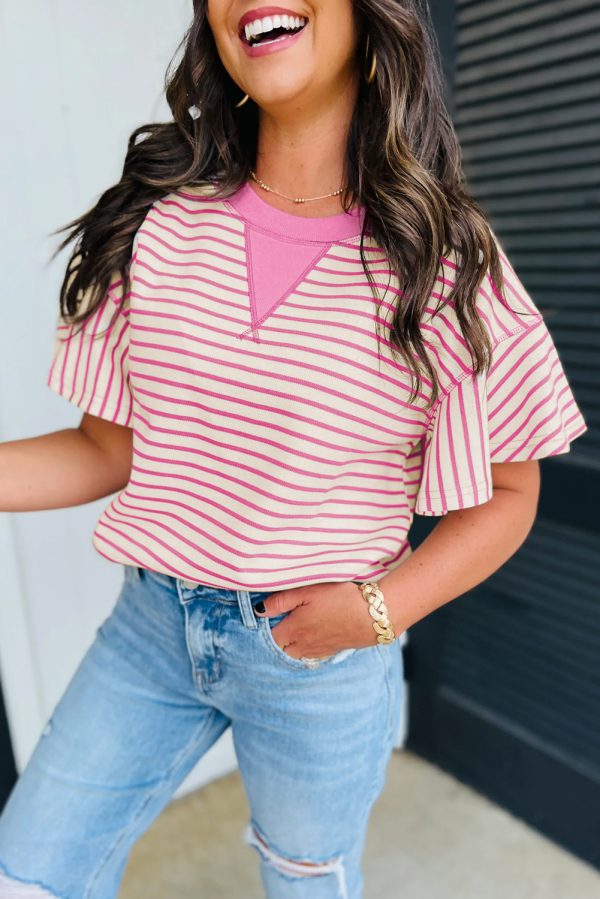 Pink Contrast Detail Striped Ruffle Short Sleeve Top - Image 2