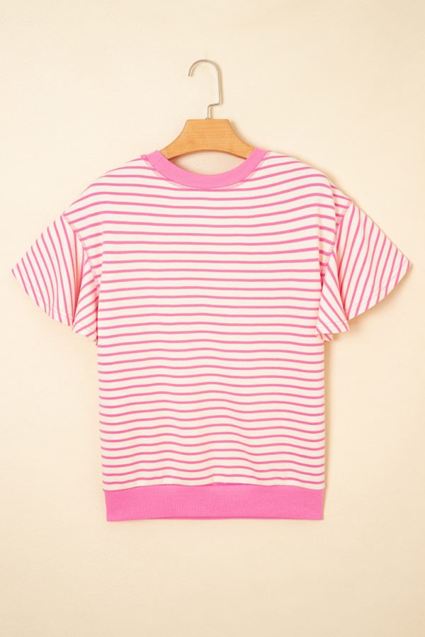 Pink Contrast Detail Striped Ruffle Short Sleeve Top - Image 3