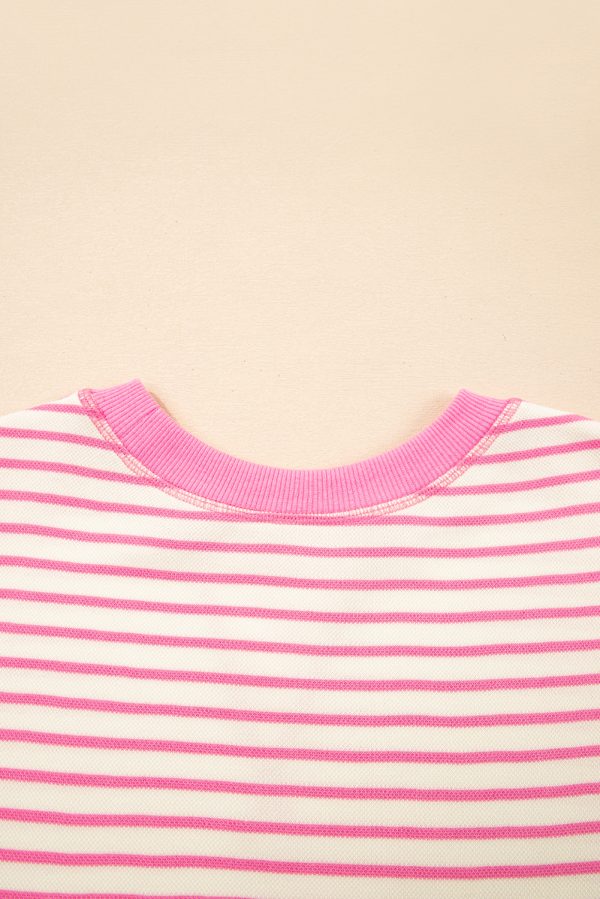 Pink Contrast Detail Striped Ruffle Short Sleeve Top - Image 4