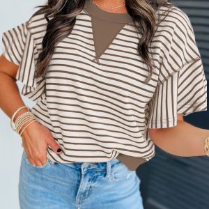 Brown Contrast Detail Striped Ruffle Short Sleeve Top