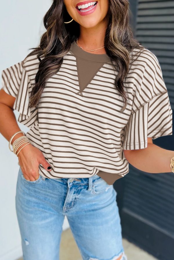 Brown Contrast Detail Striped Ruffle Short Sleeve Top