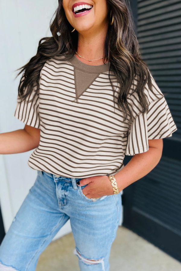 Brown Contrast Detail Striped Ruffle Short Sleeve Top - Image 4