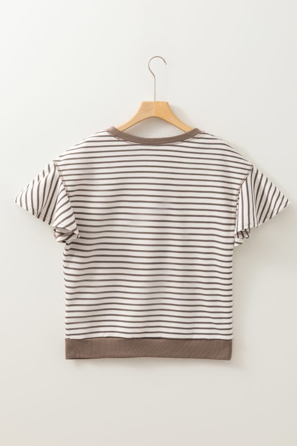 Brown Contrast Detail Striped Ruffle Short Sleeve Top - Image 3