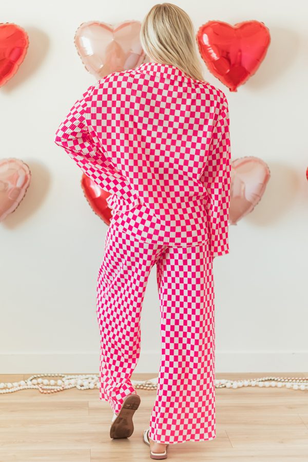 Pink Checkered Buttoned Shirt and High Waist Pants Pajama Set - Image 5