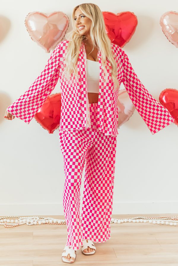 Pink Checkered Buttoned Shirt and High Waist Pants Pajama Set - Image 2