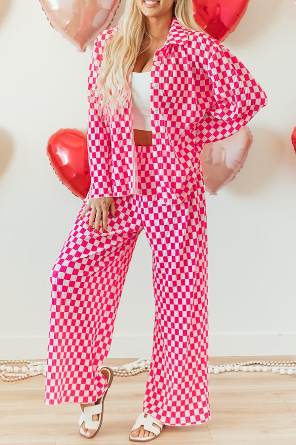 Pink Checkered Buttoned Shirt and High Waist Pants Pajama Set - Image 3
