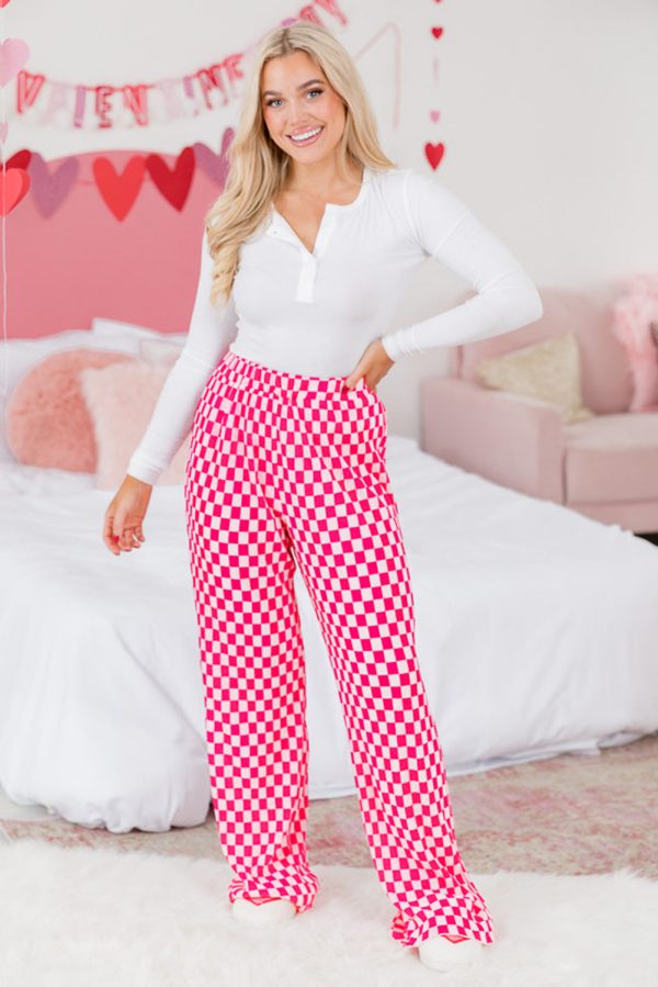 Pink Checkered Buttoned Shirt and High Waist Pants Pajama Set - Image 7
