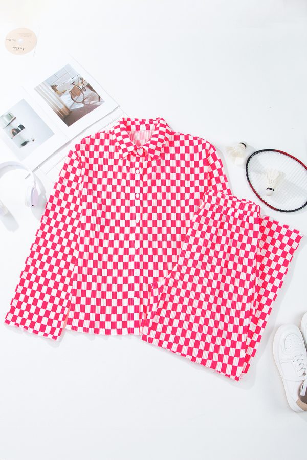 Pink Checkered Buttoned Shirt and High Waist Pants Pajama Set - Image 10