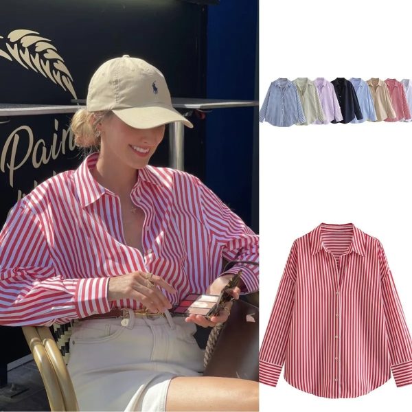 Women's Spring Europe-American Striped Long Sleeve Shirt (Red) - Image 2