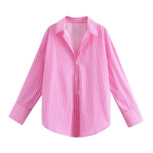 Women's Spring Europe-American Striped Long Sleeve Shirt (Pink)