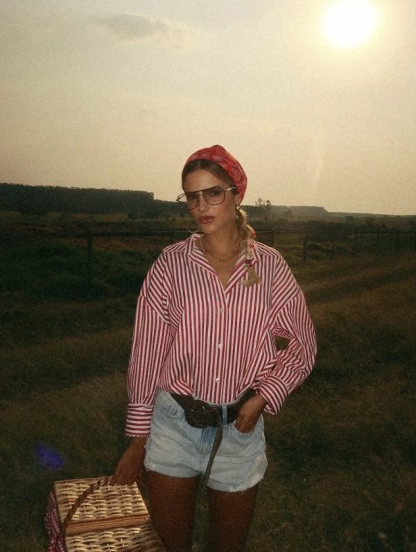 Women's Spring Europe-American Striped Long Sleeve Shirt (Red) - Image 4