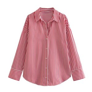 Women's Spring Europe-American Striped Long Sleeve Shirt (Red)