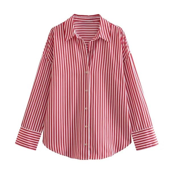 Women's Spring Europe-American Striped Long Sleeve Shirt (Red)
