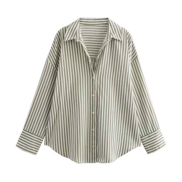 Women's Spring Europe-American Striped Long Sleeve Shirt (Green)