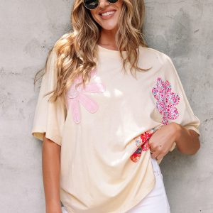 Flower Patched Exposed Stitching Loose Tee