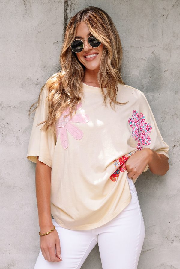 Flower Patched Exposed Stitching Loose Tee