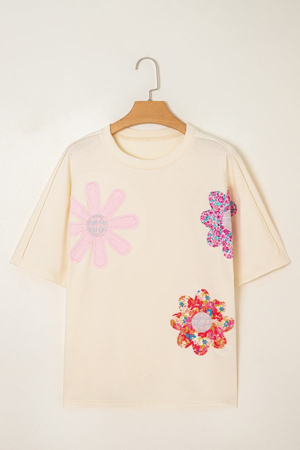 Flower Patched Exposed Stitching Loose Tee - Image 12