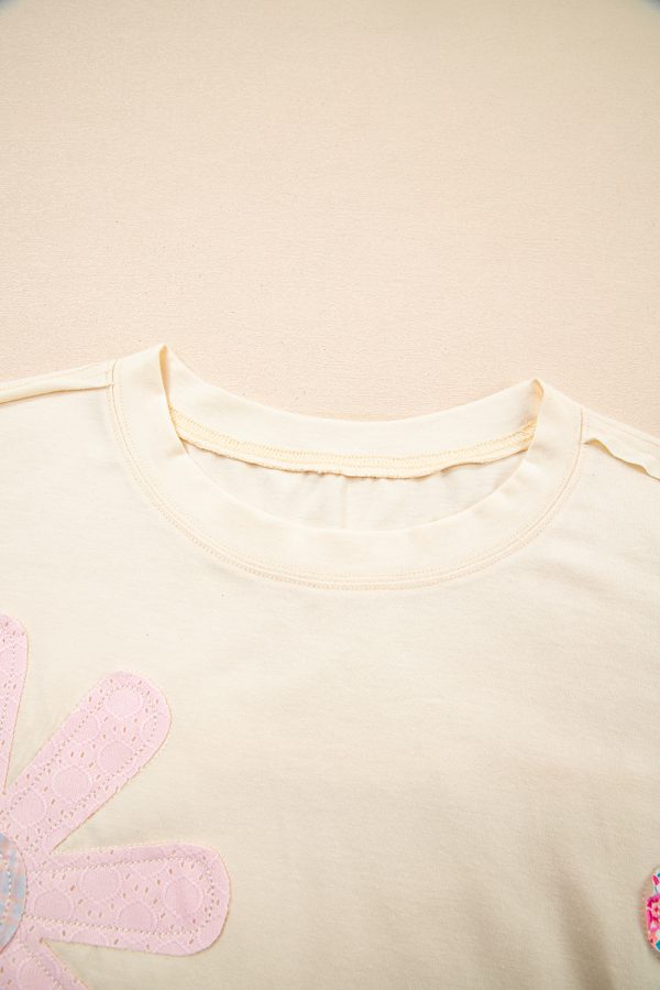 Flower Patched Exposed Stitching Loose Tee - Image 9