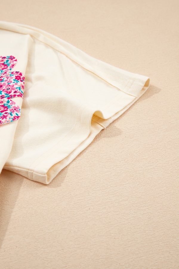 Flower Patched Exposed Stitching Loose Tee - Image 7